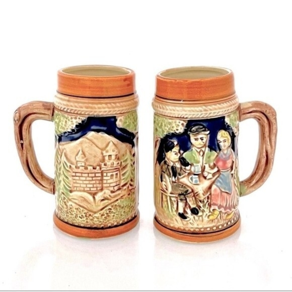 Vintage Pair 2 Japanese Bavarian Style Beer Steins 5.5 Hand-Painted Ceramic NWOT - Picture 2 of 4